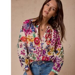 Johnny Was workshop XS s Tunic Top Embroidered collar Floral Print Button Shirt